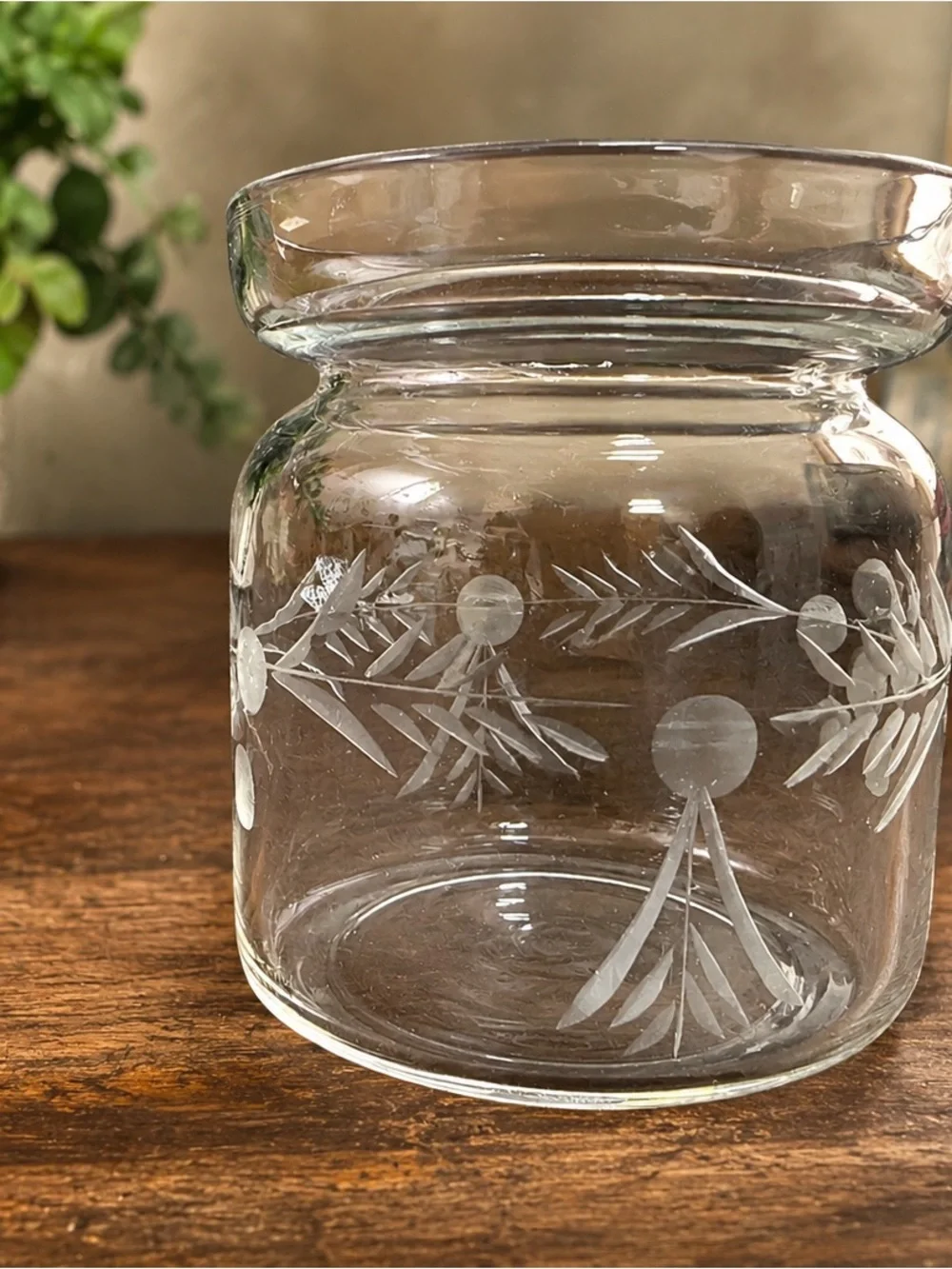 Vintage Etched Glass Jam Jelly Preserve Jar Spoon Rest Lid Floral No Spoon